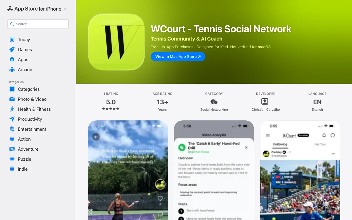 WCourt App Store page showing its app icon and three mobile product screenshots